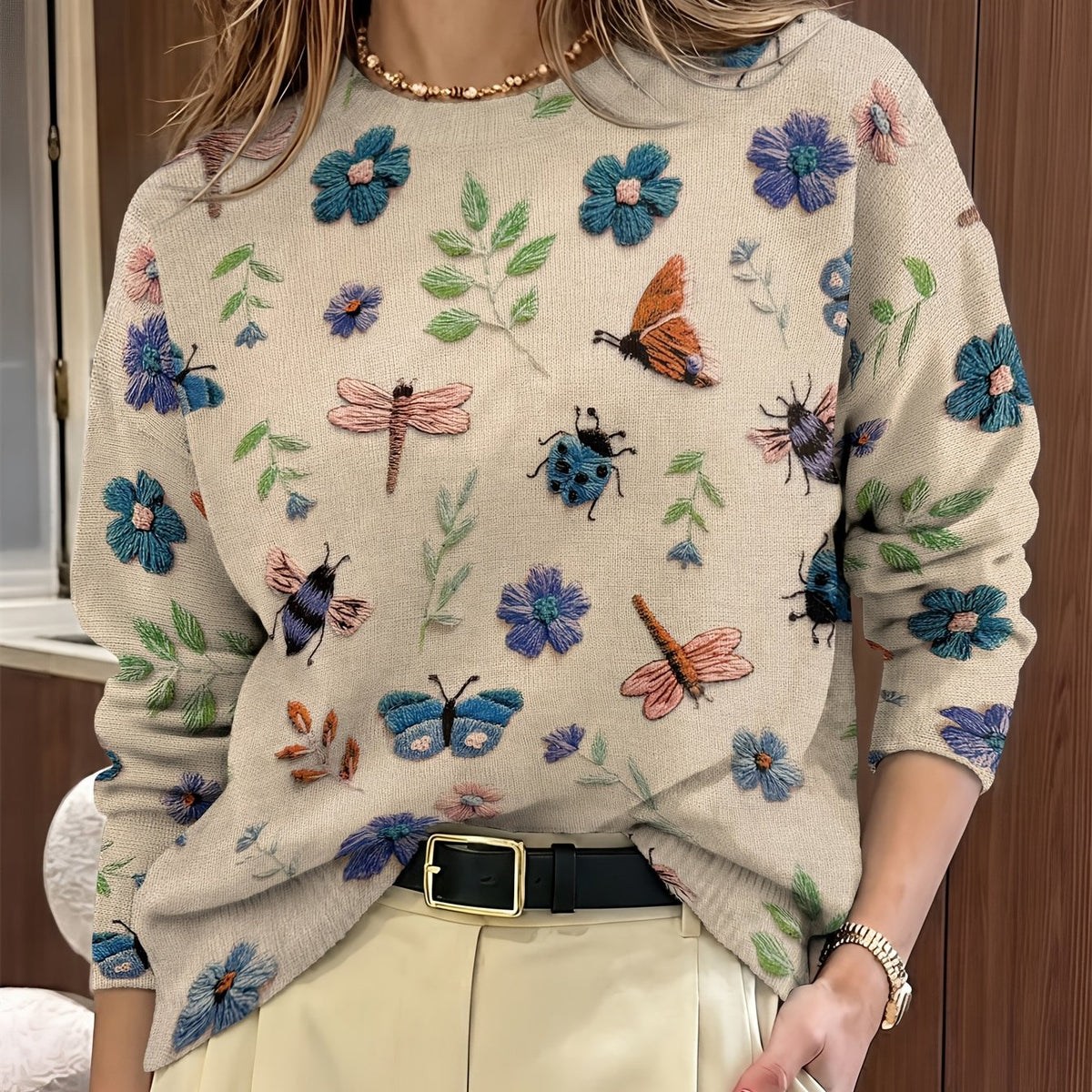 Kessoro women's botanical print crewneck knit sweater in purple, blue and apricot – view 12