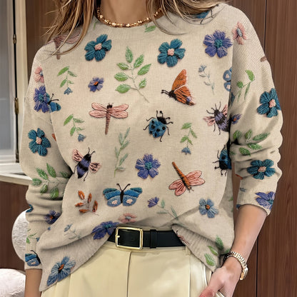 Kessoro women's botanical print crewneck knit sweater in purple, blue and apricot – view 12