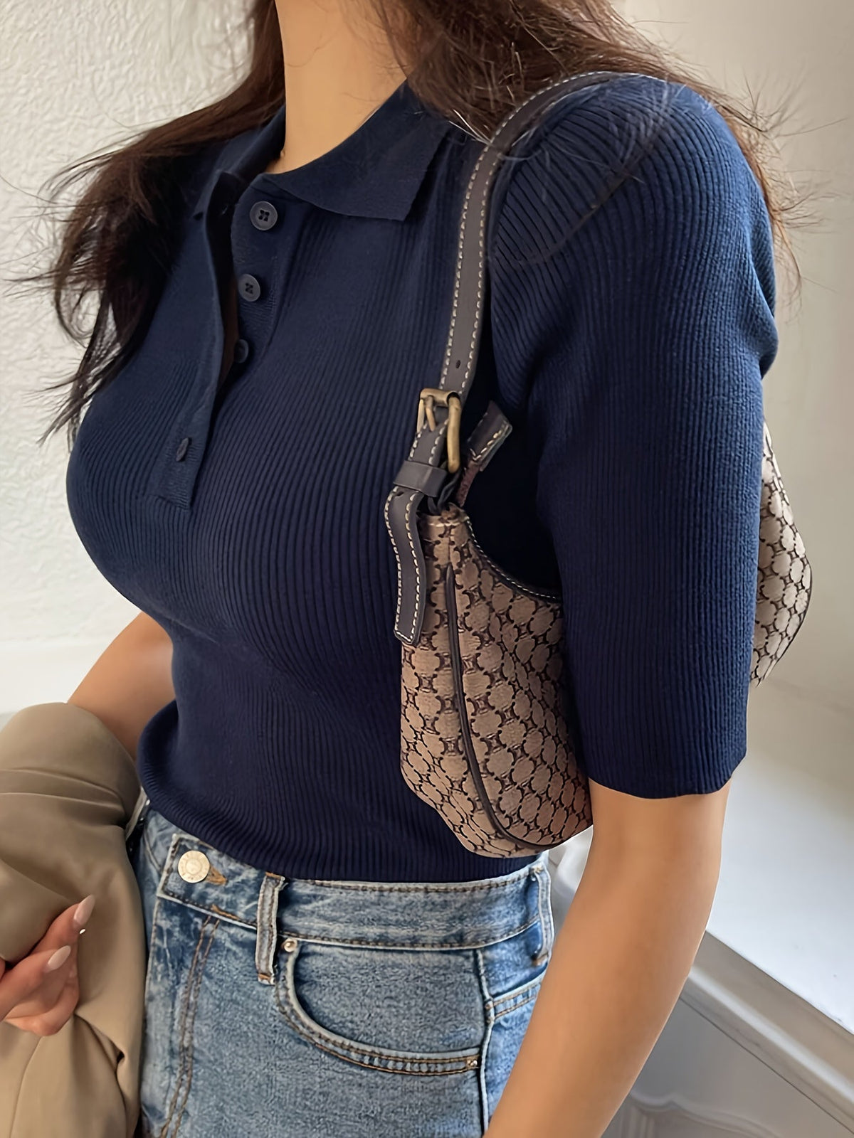 Kessoro women's ribbed half-button collared top in smooth refined colourways
