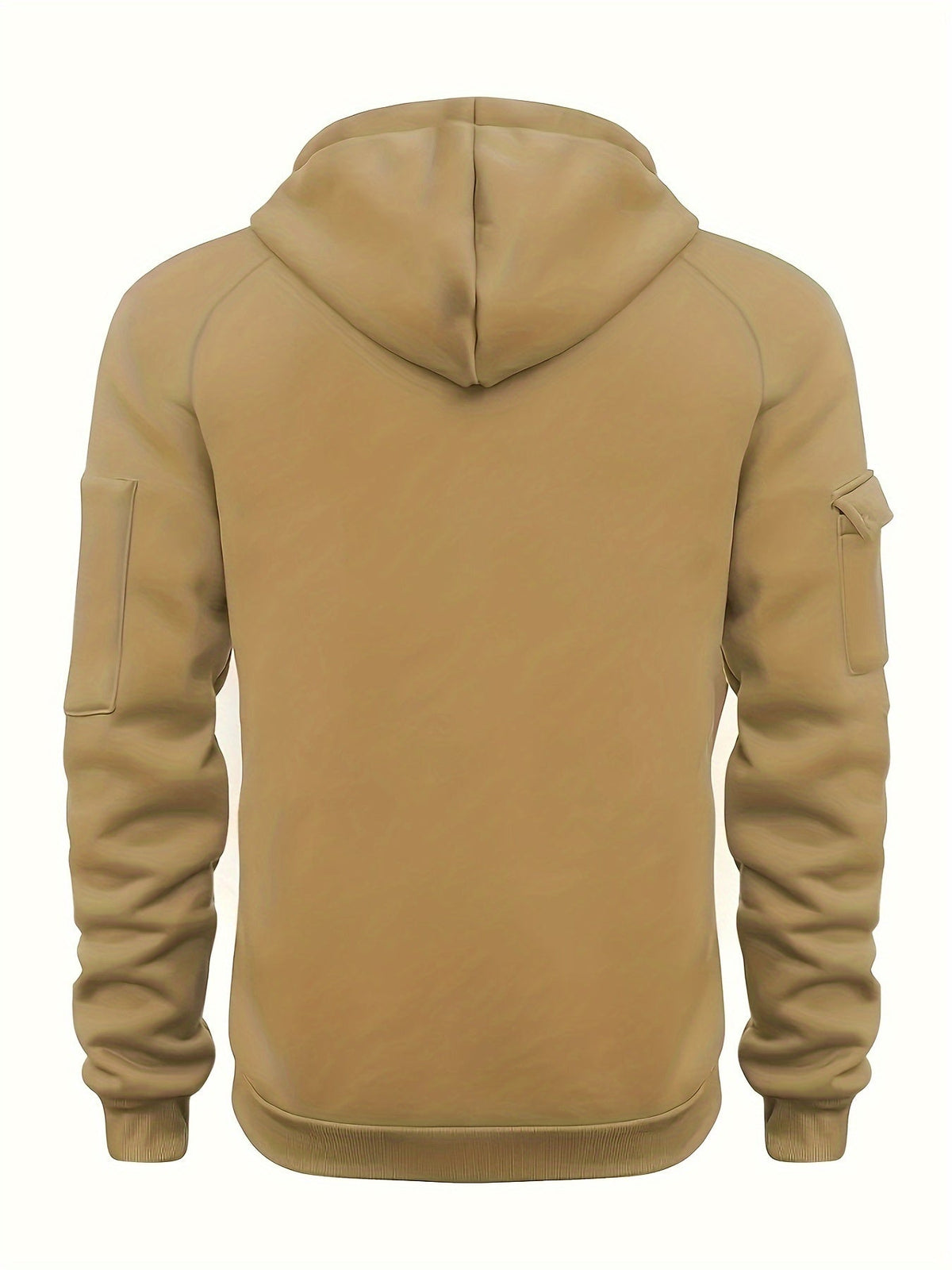 Men's utility quarter-zip hoodie in black, navy, khaki and burgundy with pocket detail, colour option 1 close-up view