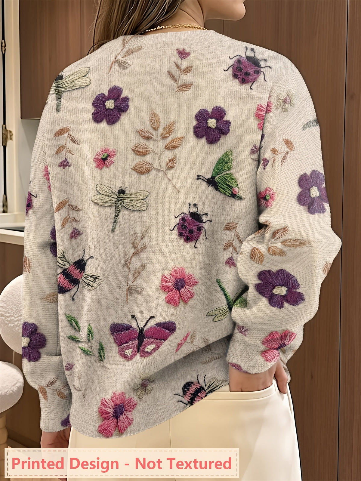 Kessoro women's botanical print crewneck knit sweater in purple, blue and apricot – view 6