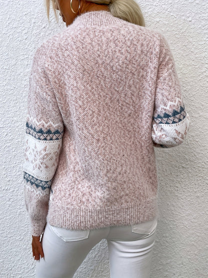 Kessoro women's snowflake mock-neck knit sweater in grey, pink or blue, view 10 of 23