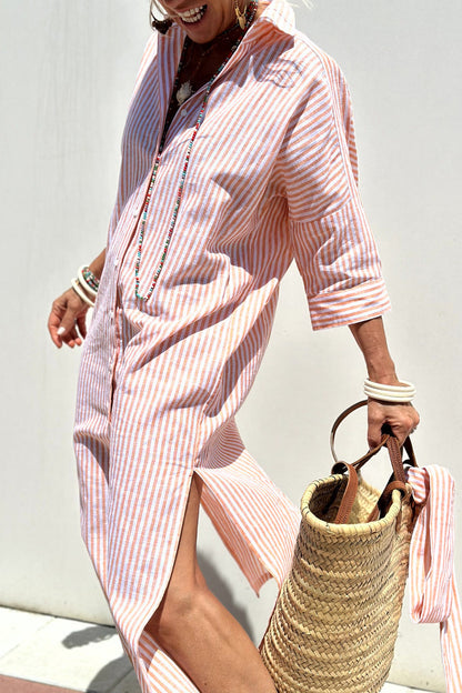Women's striped V-neck shirt dress in pink, blue and khaki