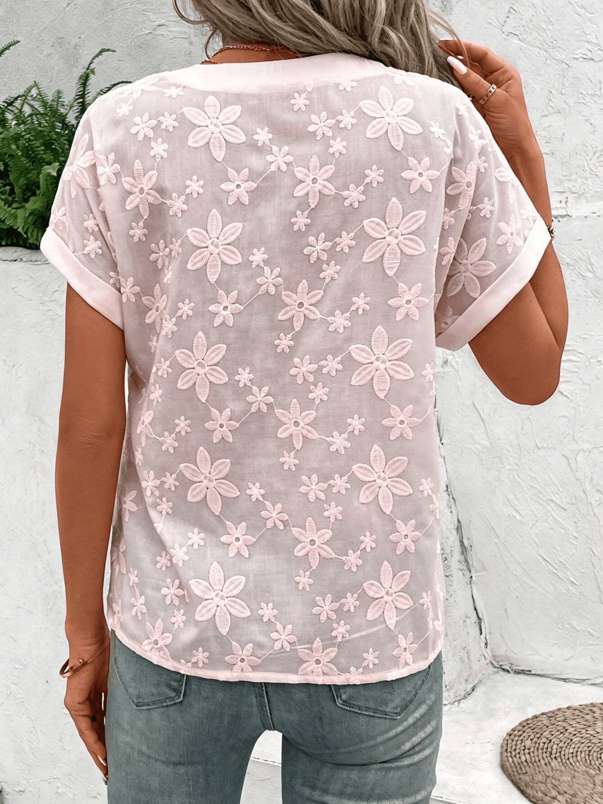Kessoro women's white floral embroidered V-neck batwing-sleeve blouse, loose draped summer top