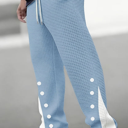 Kessoro men's waffle-texture snap-side drawstring pants in sky blue and black – view 11