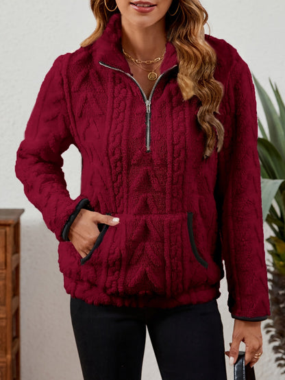 Kessoro women's plush textured half-zip pullover in burgundy, grey, pink, white, khaki, purple and blue - product view 4
