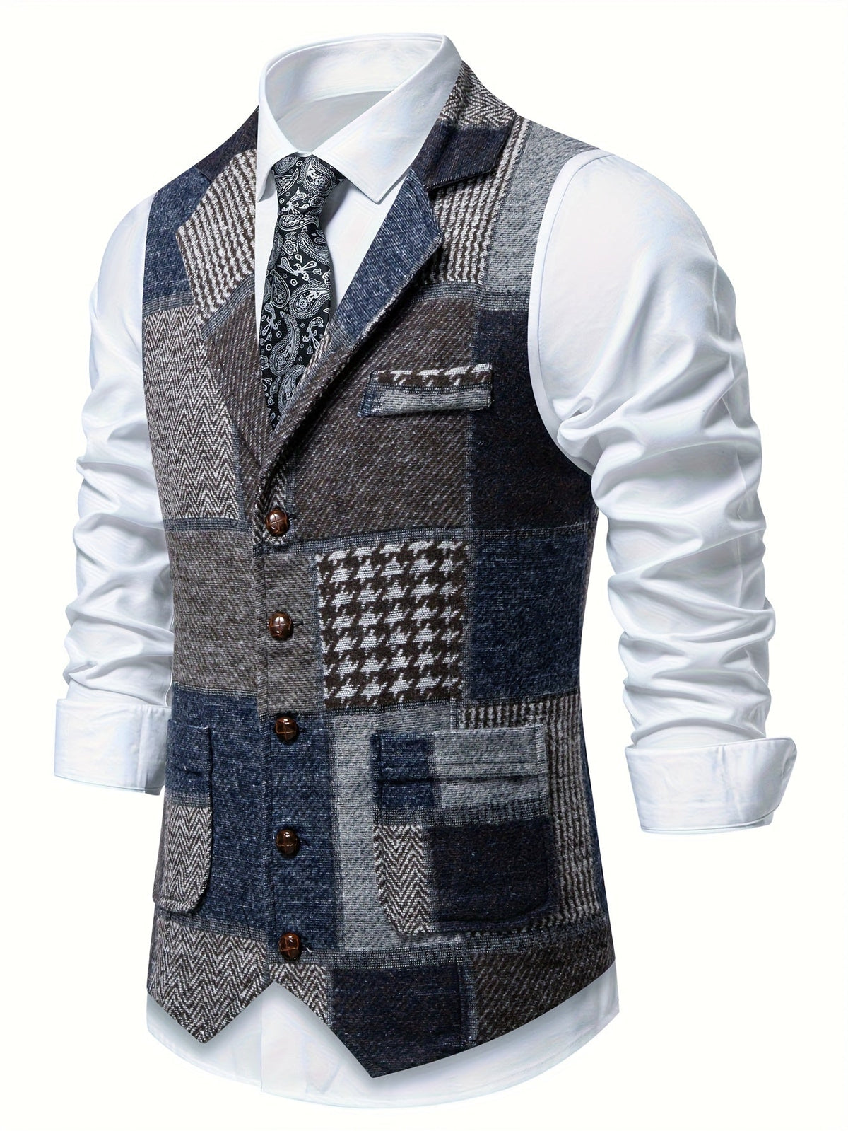 Kessoro Men's Patchwork Notch Lapel Tailored Waistcoat in grey, wine red, blue, navy and orange - men's apparel, view 23 of 31