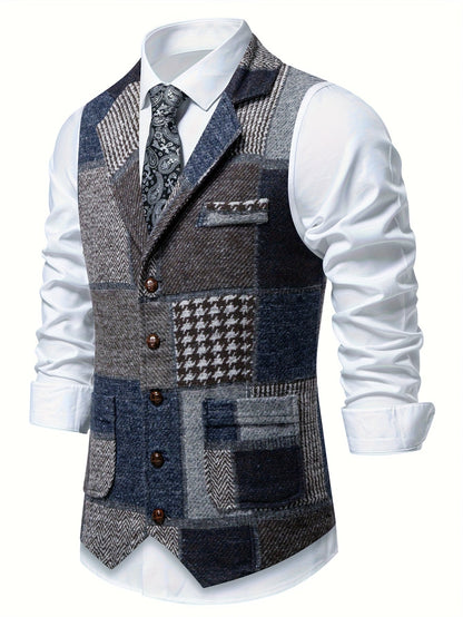 Kessoro Men's Patchwork Notch Lapel Tailored Waistcoat in grey, wine red, blue, navy and orange - men's apparel, view 23 of 31
