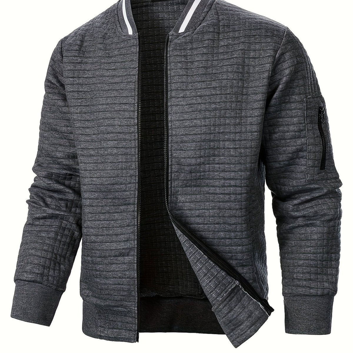Men's textured stand-collar zip-up bomber jacket in khaki, black, dark gray, military green, navy and burgundy, side view 2