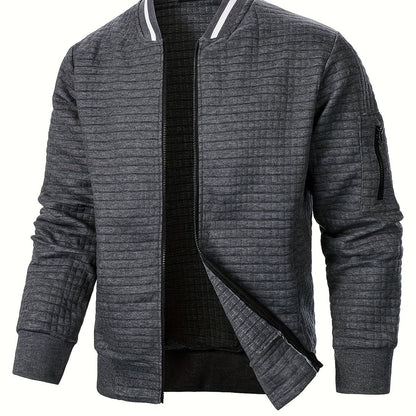 Men's textured stand-collar zip-up bomber jacket in khaki, black, dark gray, military green, navy and burgundy, side view 2