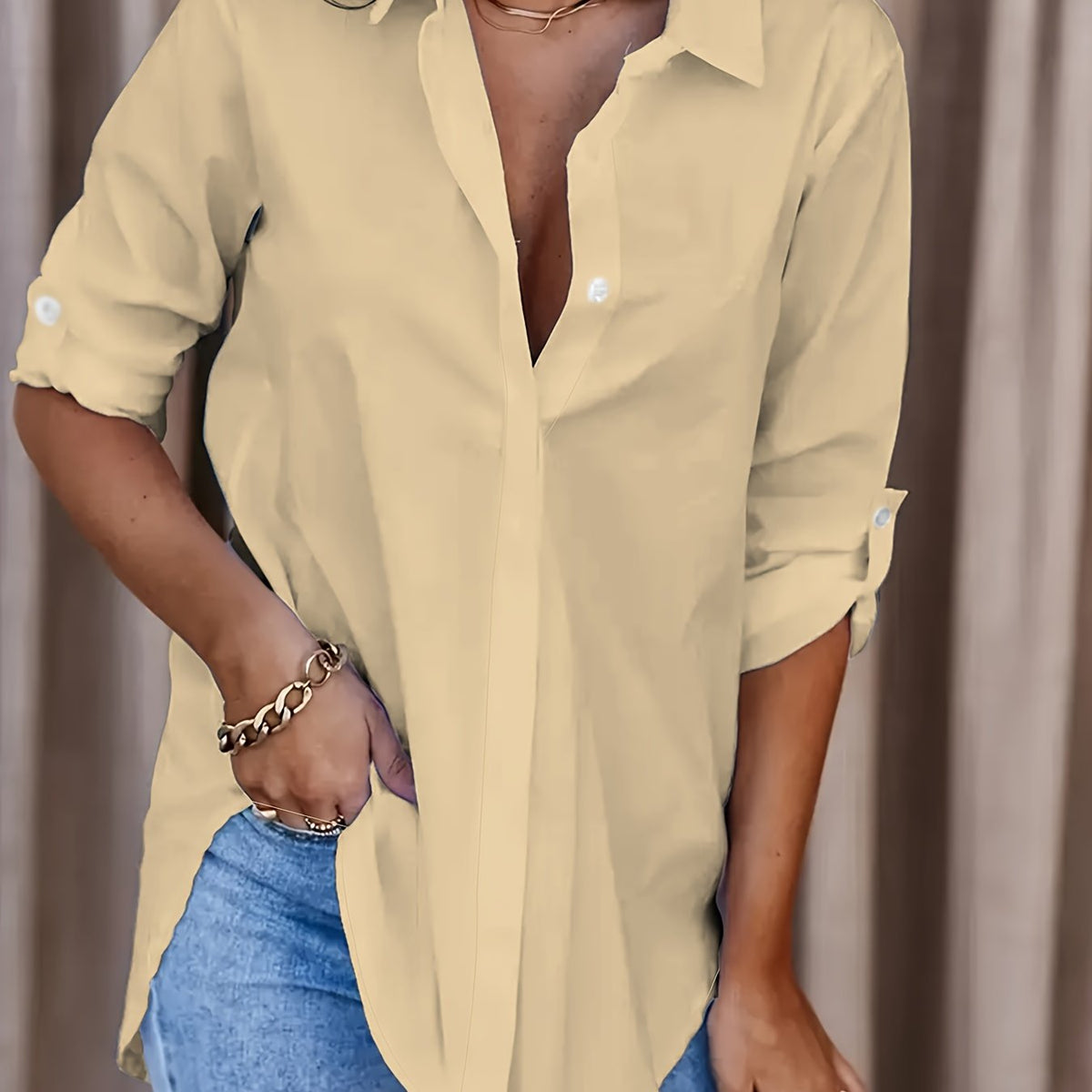 Kessoro Women's relaxed fit roll-tab sleeve collared shirt in white, red, black and more, view 16