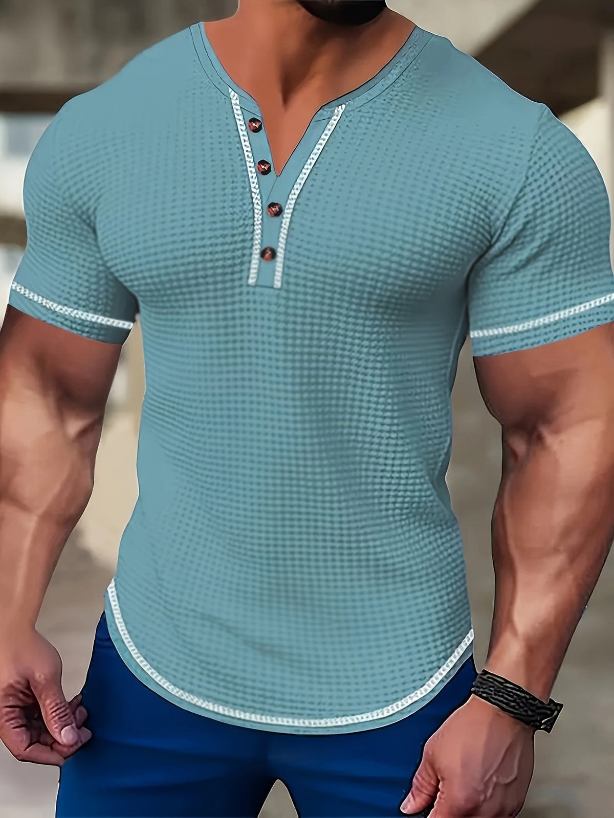 Kessoro men's textured waffle short-sleeve henley shirt in pink, khaki, light blue, navy and black, men's tops — view 4 of 6