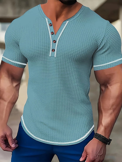 Kessoro men's textured waffle short-sleeve henley shirt in pink, khaki, light blue, navy and black, men's tops — view 4 of 6