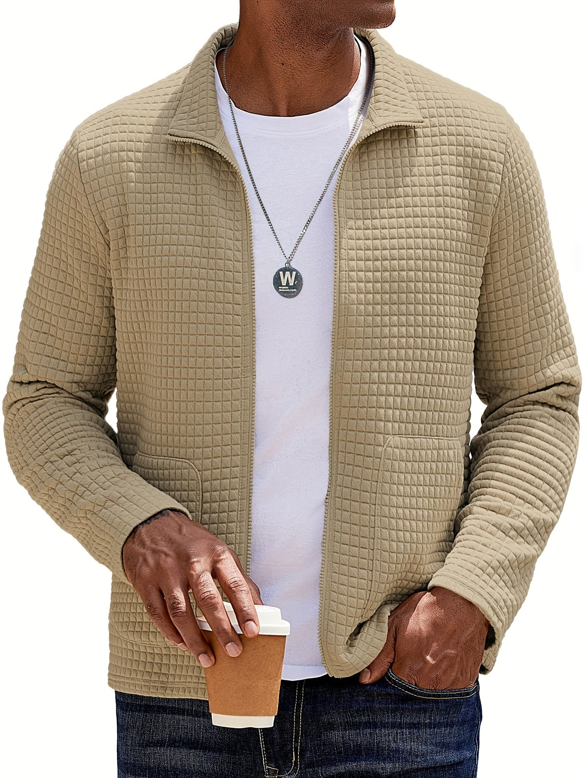 Kessoro Men's Textured Stand-Collar Full-Zip Jacket in white, khaki and black, image 9 of 18.