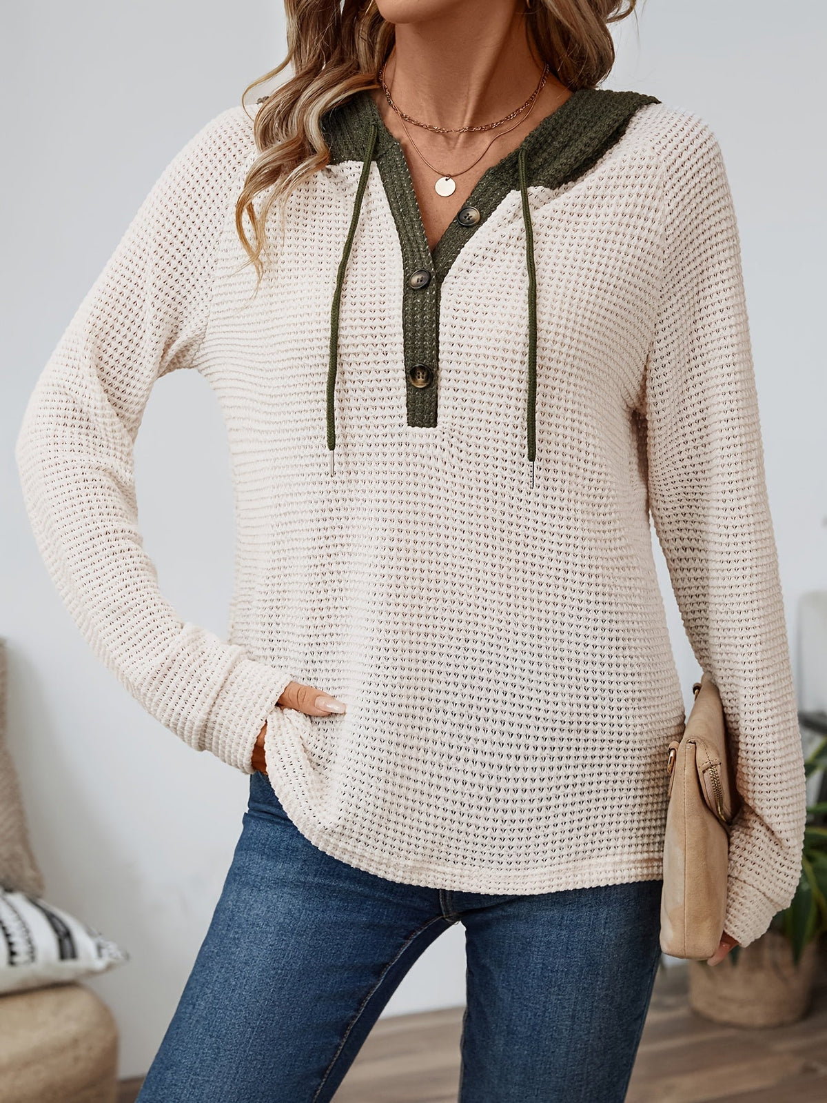 Kessoro women's waffle-knit relaxed hooded top in beige, black or pink, view 3 of 22