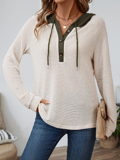 Kessoro women's waffle-knit relaxed hooded top in beige, black or pink, view 3 of 22