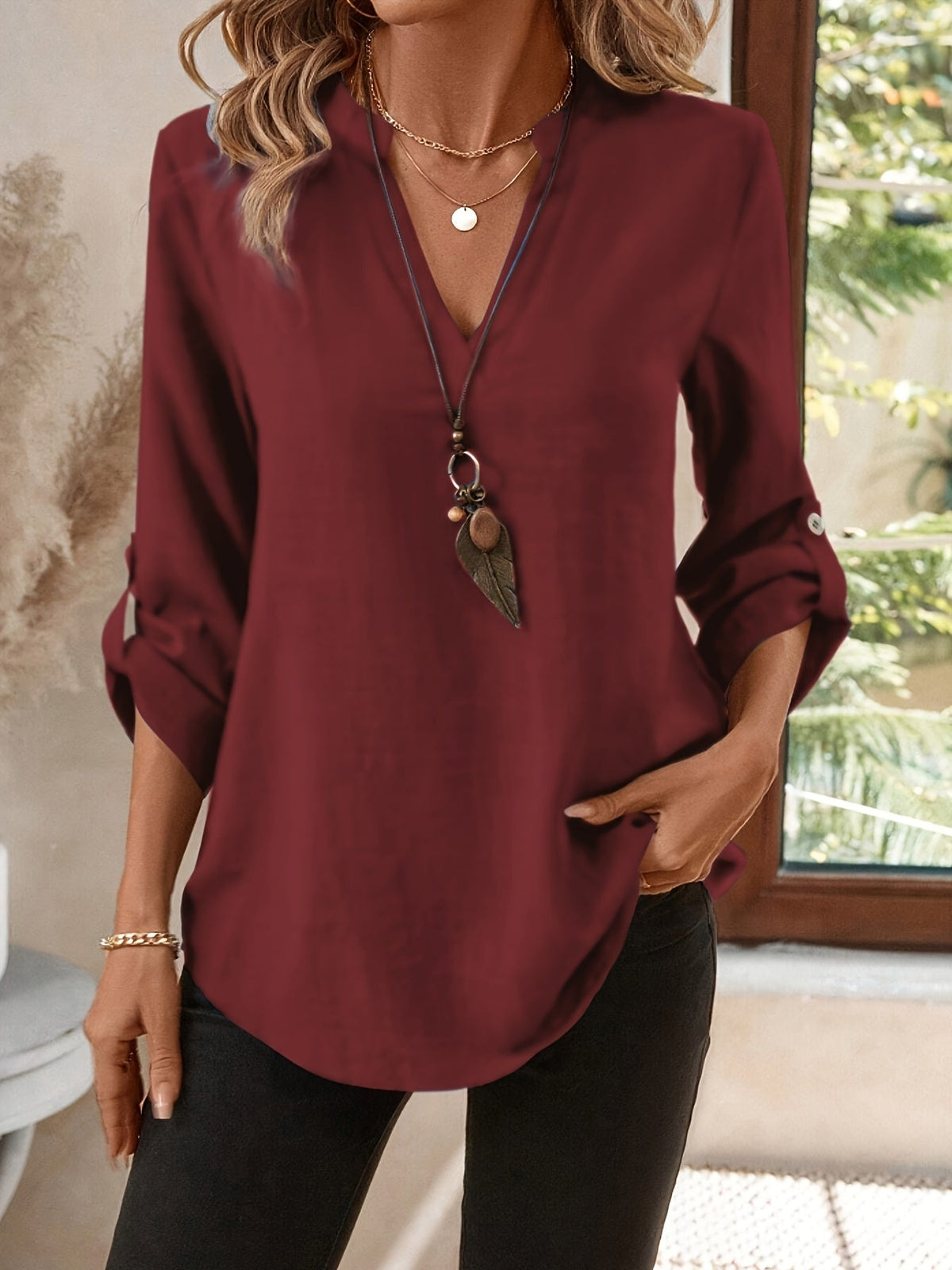 Kessoro women's refined V-neck roll-tab sleeve blouse in sea blue, navy, black, coral and khaki