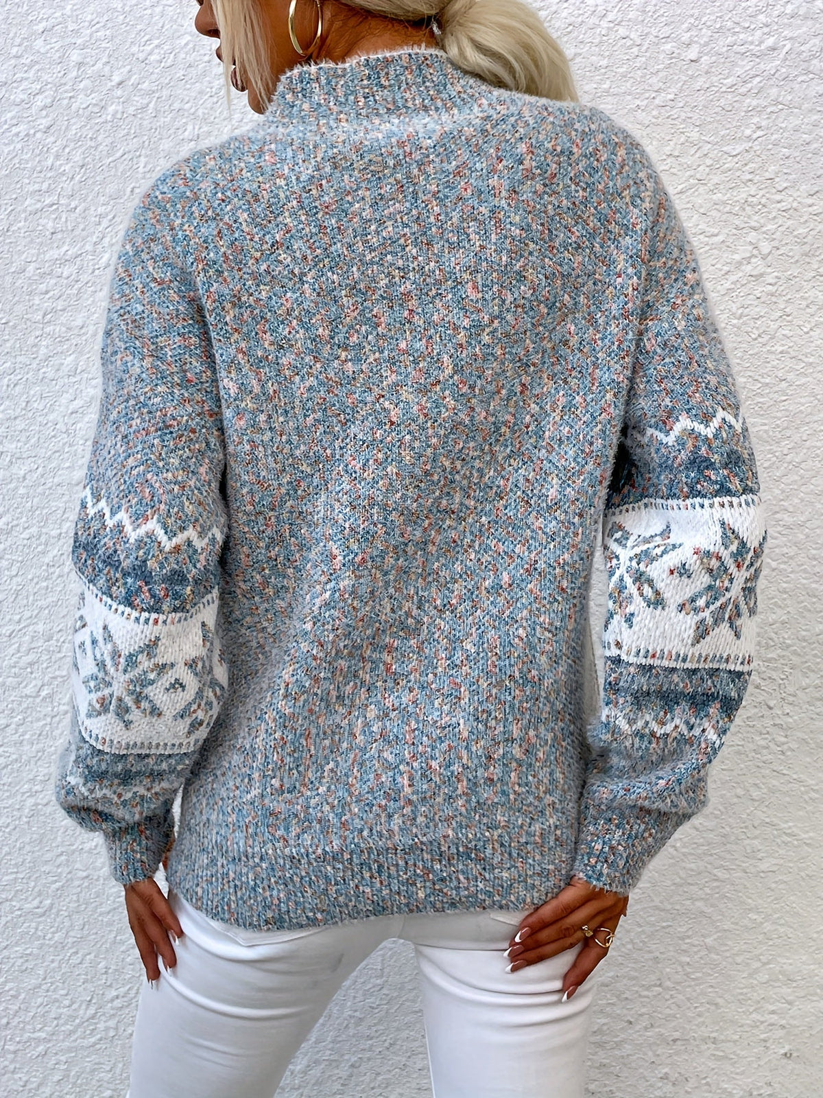Kessoro women's snowflake mock-neck knit sweater in grey, pink or blue, view 2 of 23