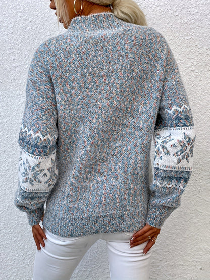 Kessoro women's snowflake mock-neck knit sweater in grey, pink or blue, view 2 of 23