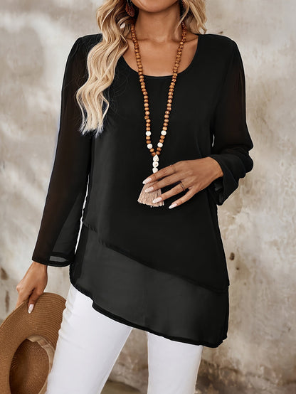 Kessoro women's layered sheer irregular-hem blouse in black and green - view 4 of 11