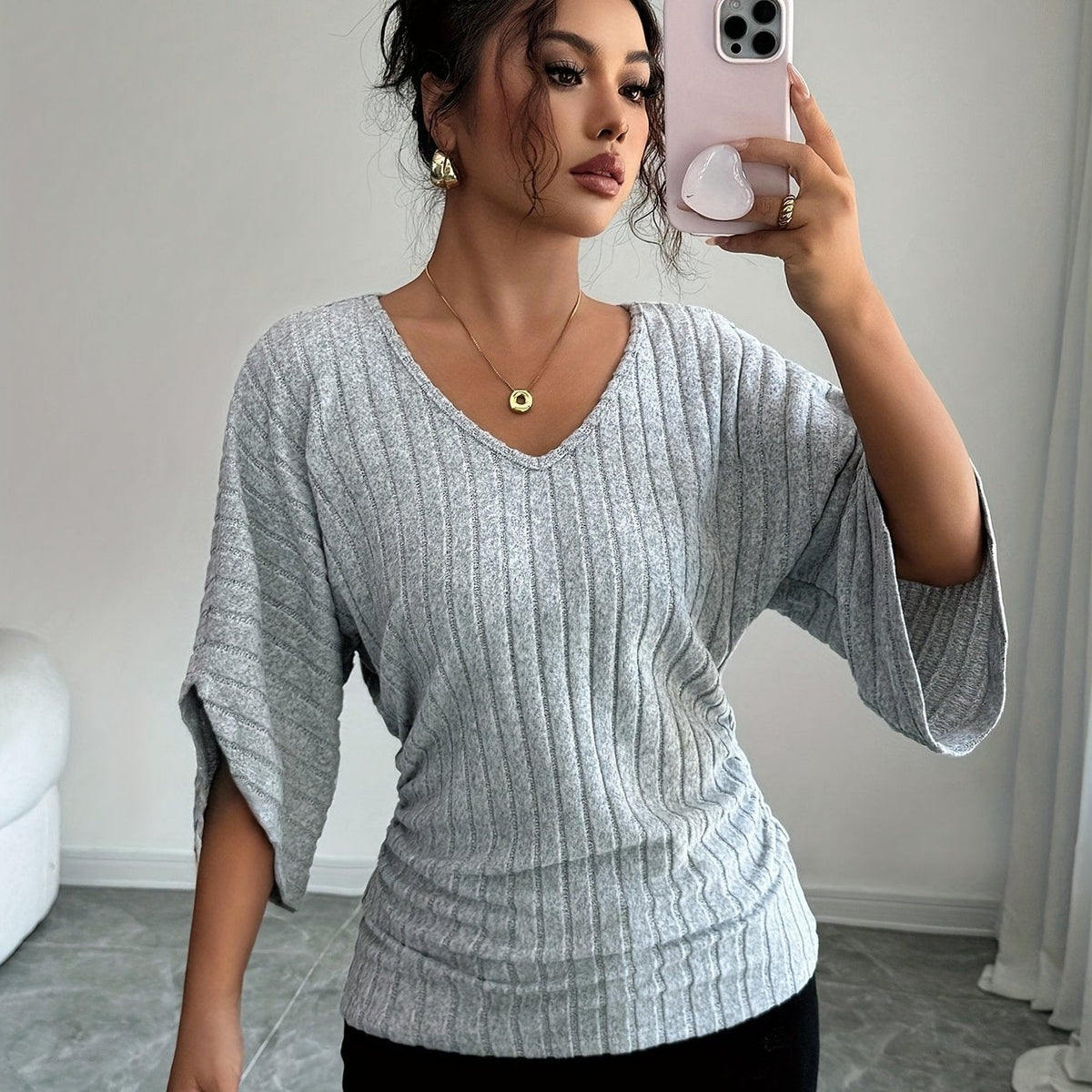 Kessoro women's relaxed draped V-neck top in grey – image 1 of 5