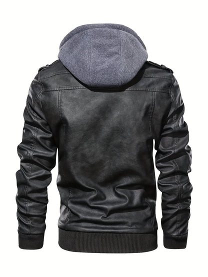 Kessoro men's hooded moto biker jacket in black, dark grey or coffee brown, view 2 of 30