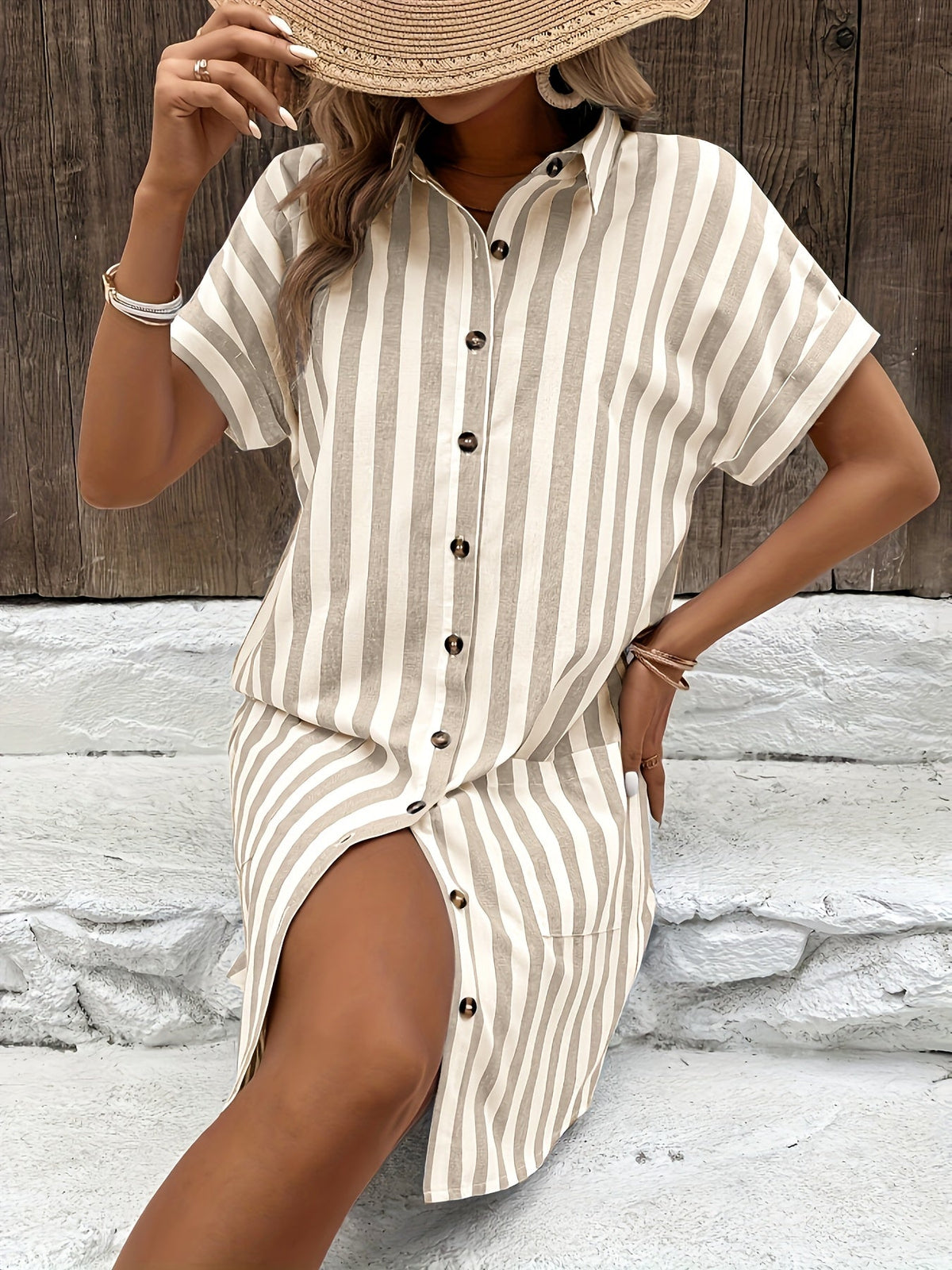 Kessoro women's belted striped short-sleeve shirt dress in apricot and sky blue