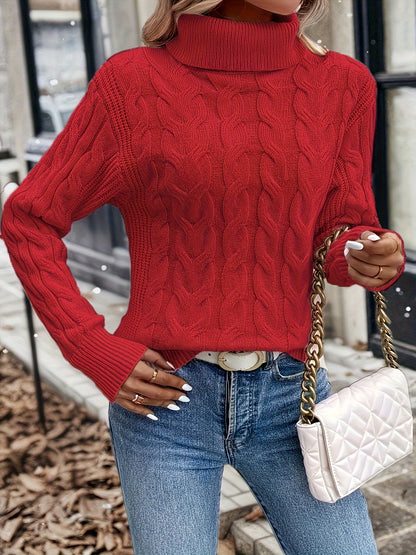 Kessoro women's cable-knit turtleneck sweater in red, black, grey, royal blue, violet, white and pink - product view 4