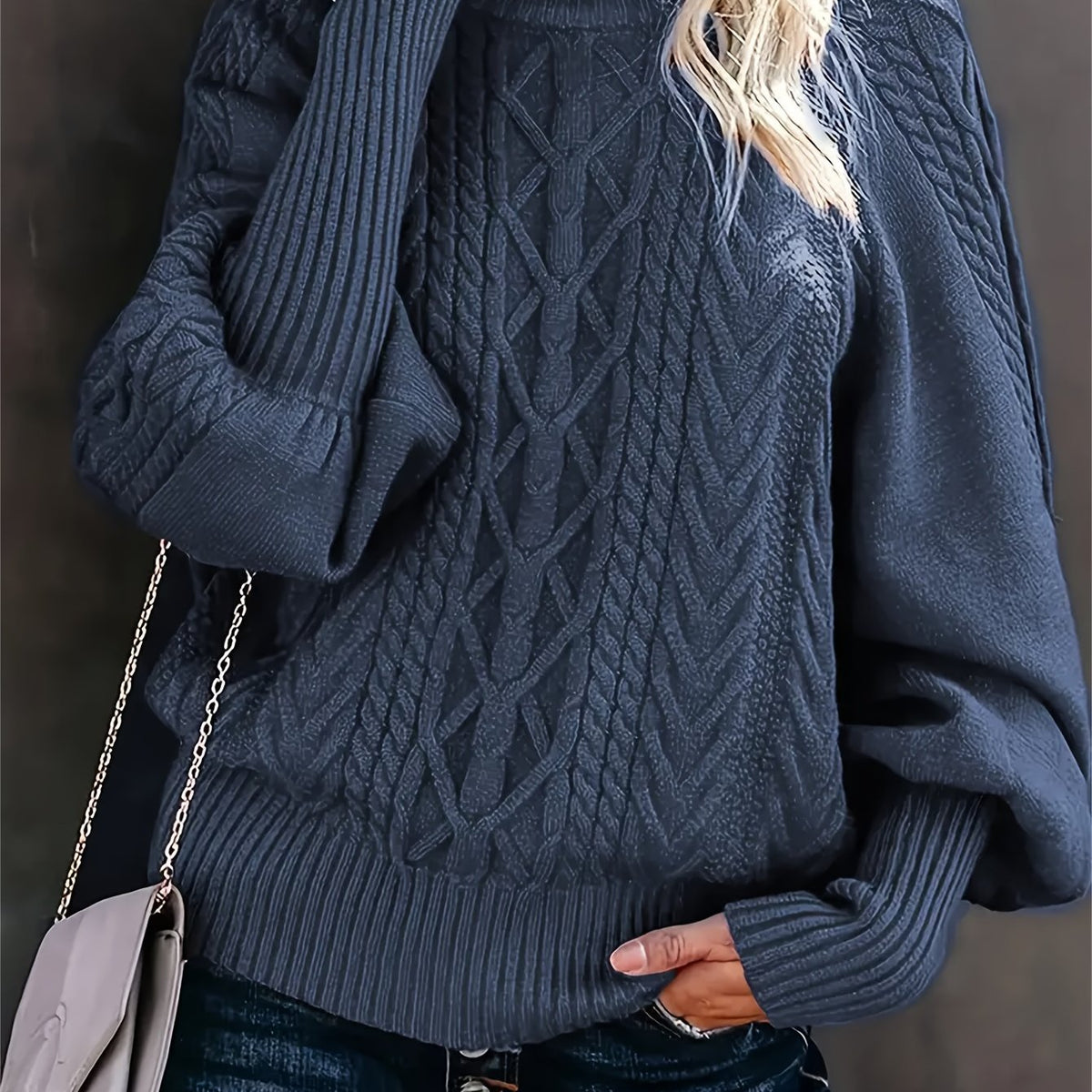 Kessoro women's textured cable-knit half-collar sweater in navy, black, dark grey, khaki and green