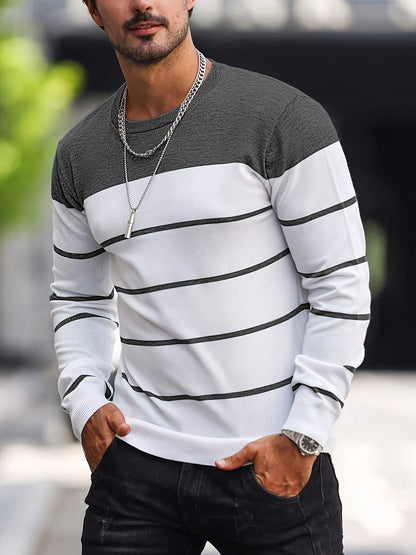 Kessoro Yellowish Brown striped crew neck knit sweater for men