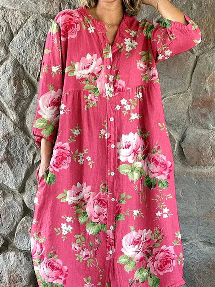 Women's oversized art floral V-neck dress in soft pink rose tones