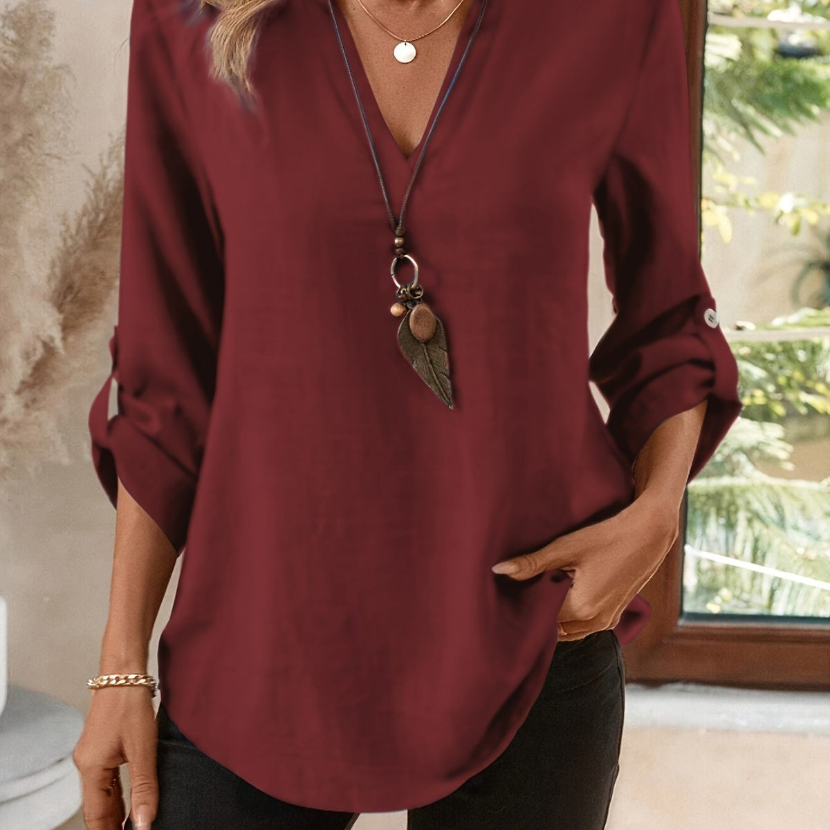 Kessoro women's refined V-neck roll-tab sleeve blouse in sea blue, navy, black, coral and khaki