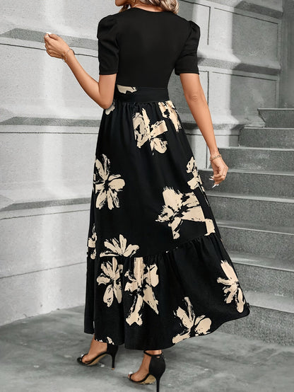 Women's puff-sleeve floral maxi dress in black
