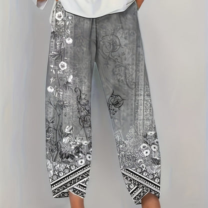 Kessoro women's botanical print elastic-waist cropped trousers in vintage plant and retro colours