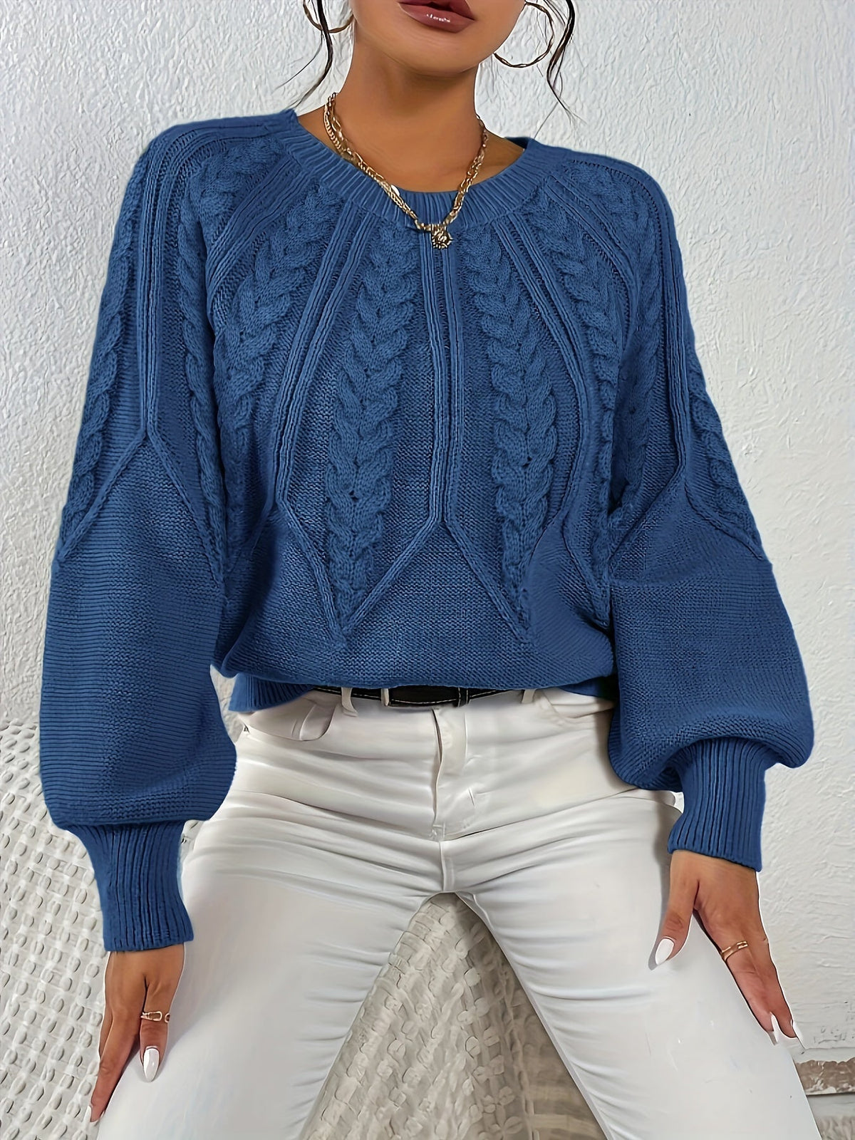 Kessoro women's relaxed cable-knit lantern-sleeve sweater in matcha, beige, burgundy, navy and camel