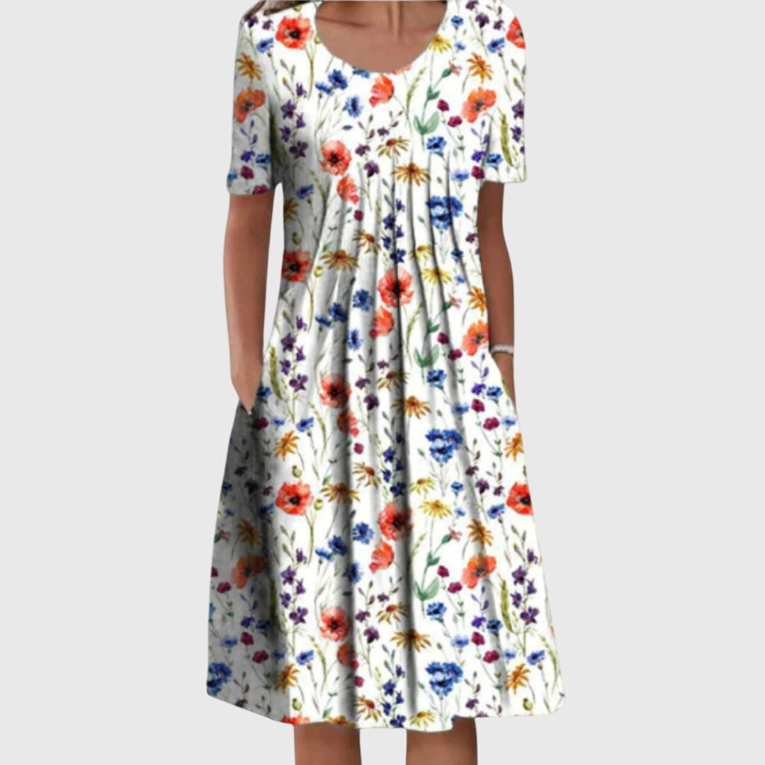 Kessoro women's round neck floral print layered dress in red flowers, yellow flowers, light blue and blue