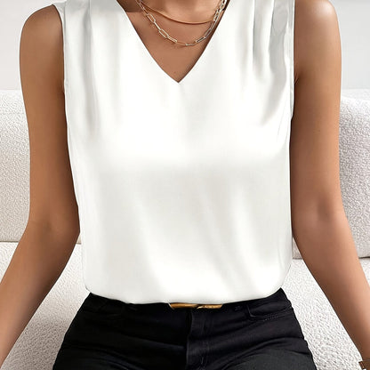Women's sleeveless draped V-neck blouse in a refined solid colourway