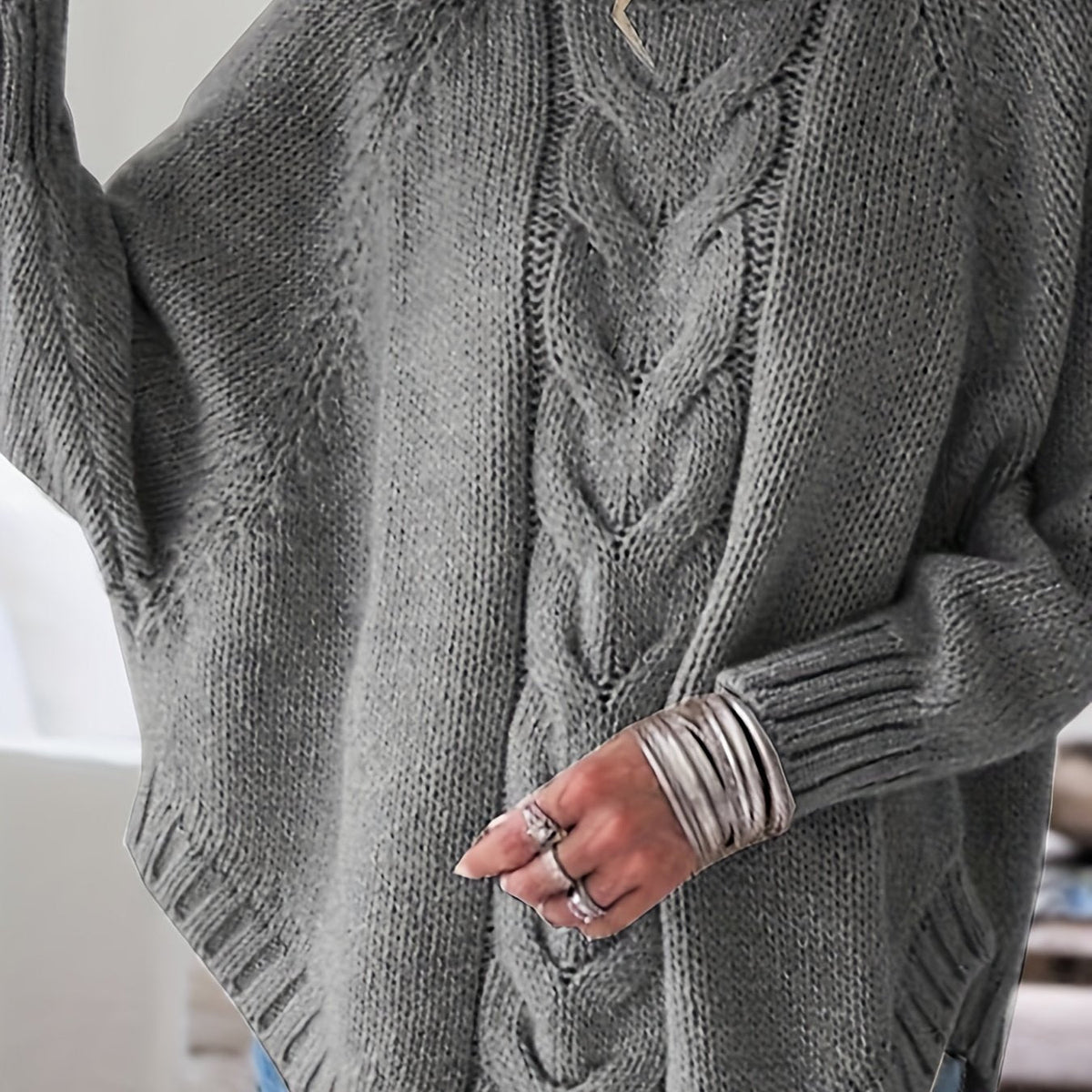 Women's cable-knit high-neck chunky sweater in a soft grey, pink and red colour family (view 12)