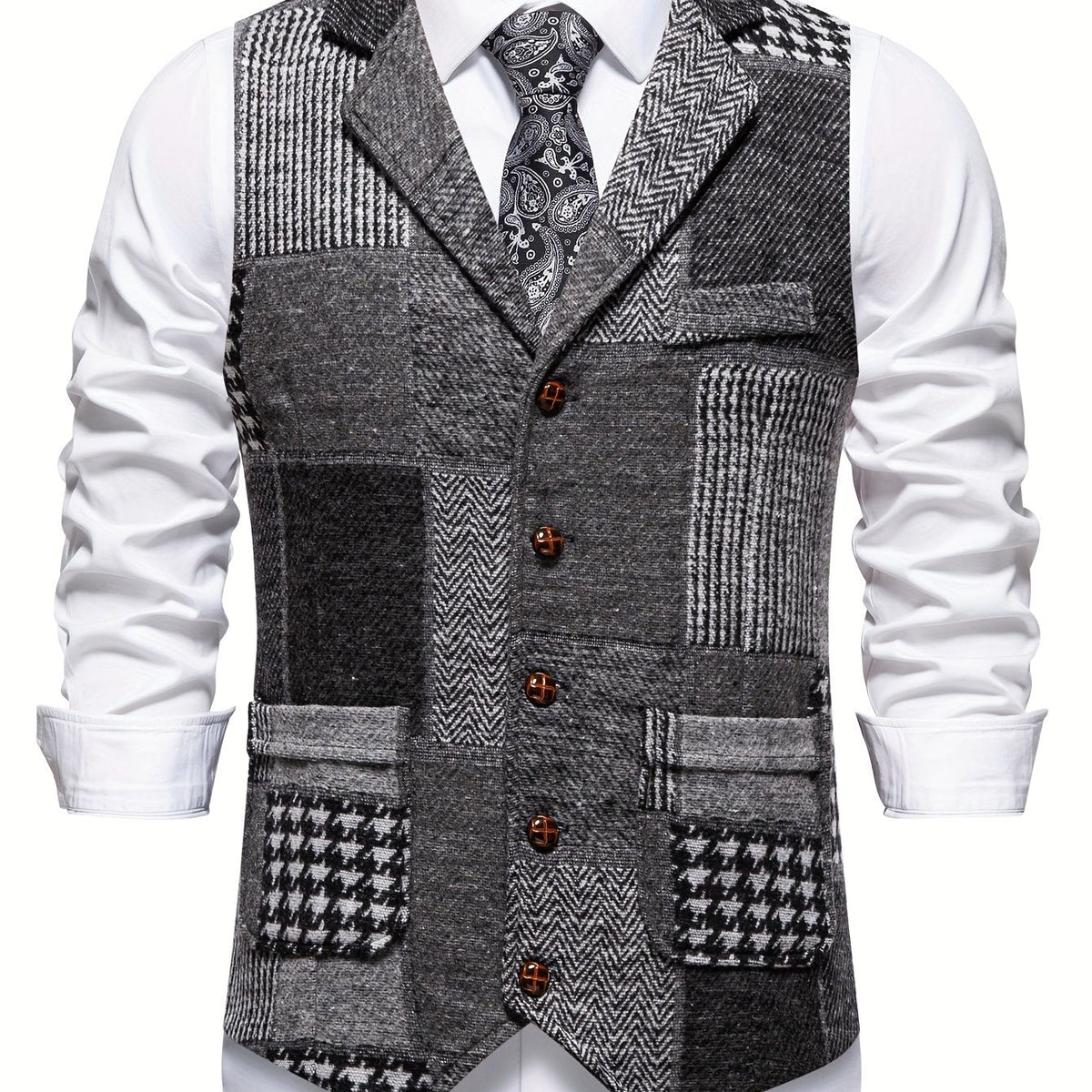 Kessoro Men's Patchwork Notch Lapel Tailored Waistcoat in grey, wine red, blue, navy and orange - men's apparel, view 1 of 31