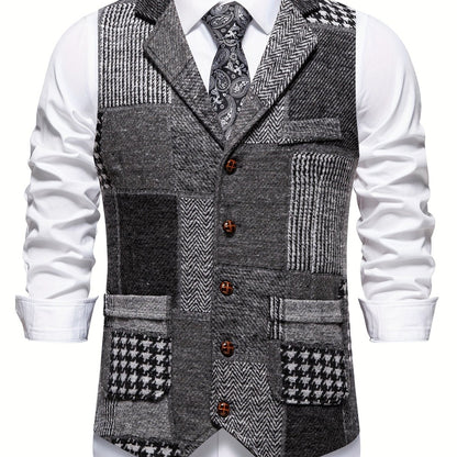 Kessoro Men's Patchwork Notch Lapel Tailored Waistcoat in grey, wine red, blue, navy and orange - men's apparel, view 1 of 31