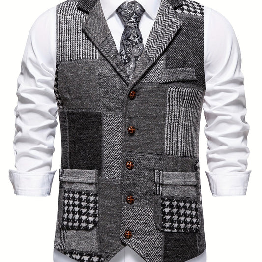 Kessoro Men's Patchwork Notch Lapel Tailored Waistcoat in grey, wine red, blue, navy and orange - men's apparel, view 1 of 31