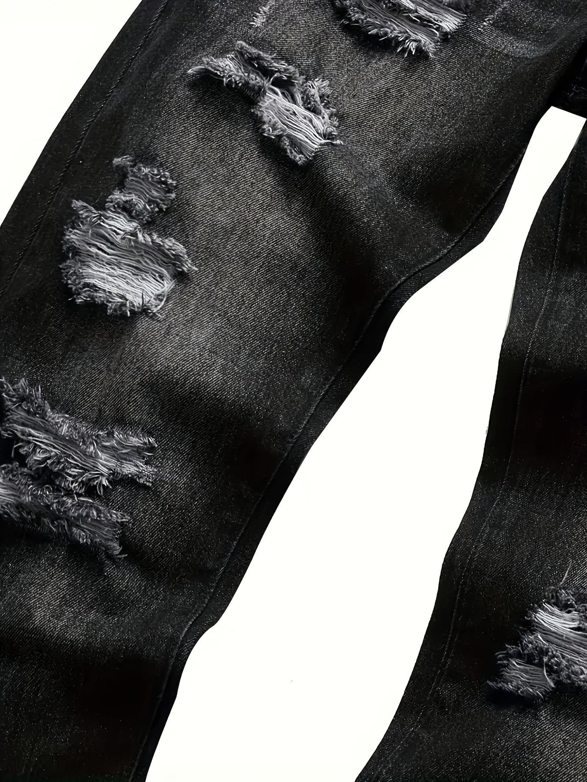 Men's distressed relaxed straight-leg jeans in dark gray denim, styled view