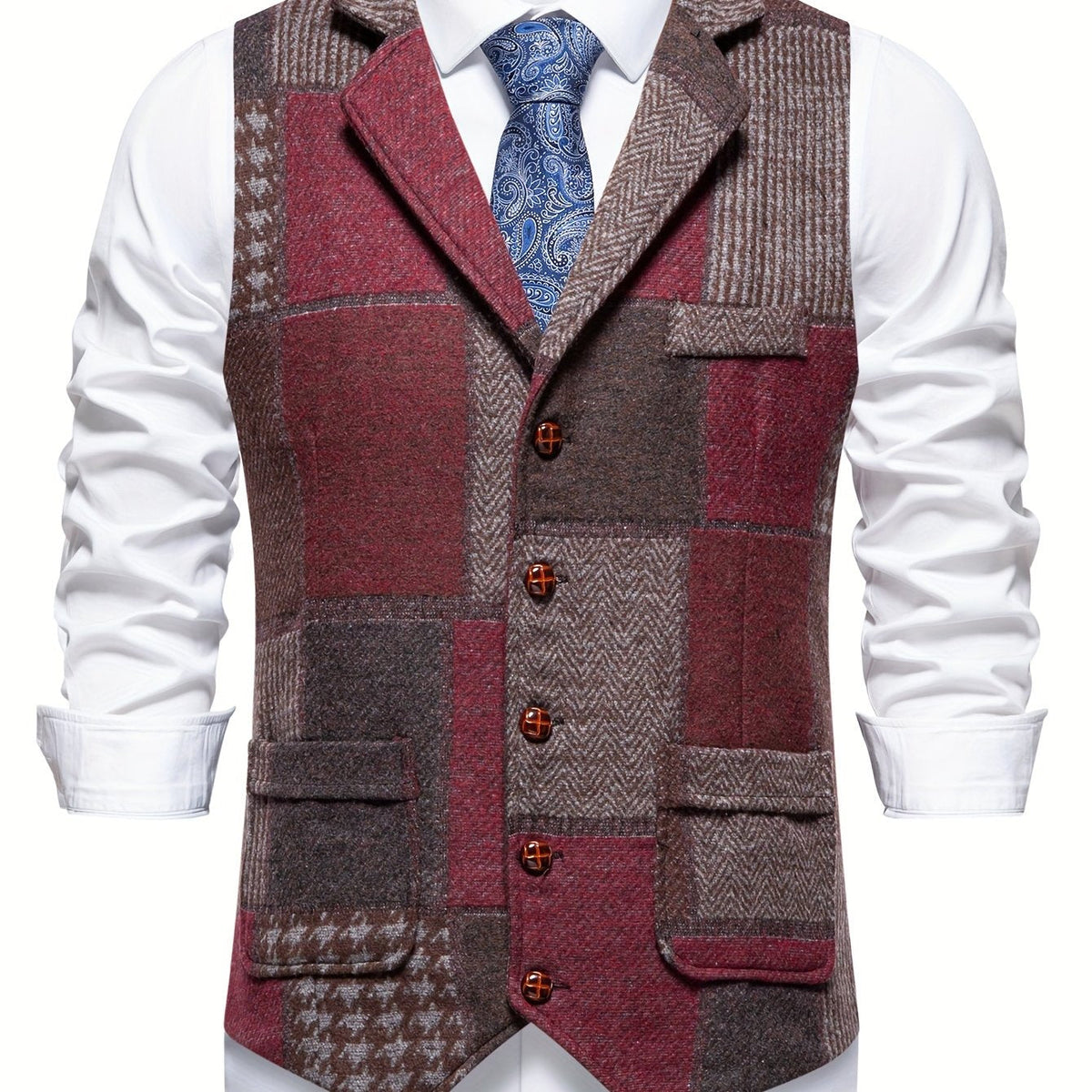 Kessoro Men's Patchwork Notch Lapel Tailored Waistcoat in grey, wine red, blue, navy and orange - men's apparel, view 8 of 31