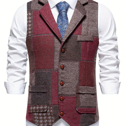 Kessoro Men's Patchwork Notch Lapel Tailored Waistcoat in grey, wine red, blue, navy and orange - men's apparel, view 8 of 31