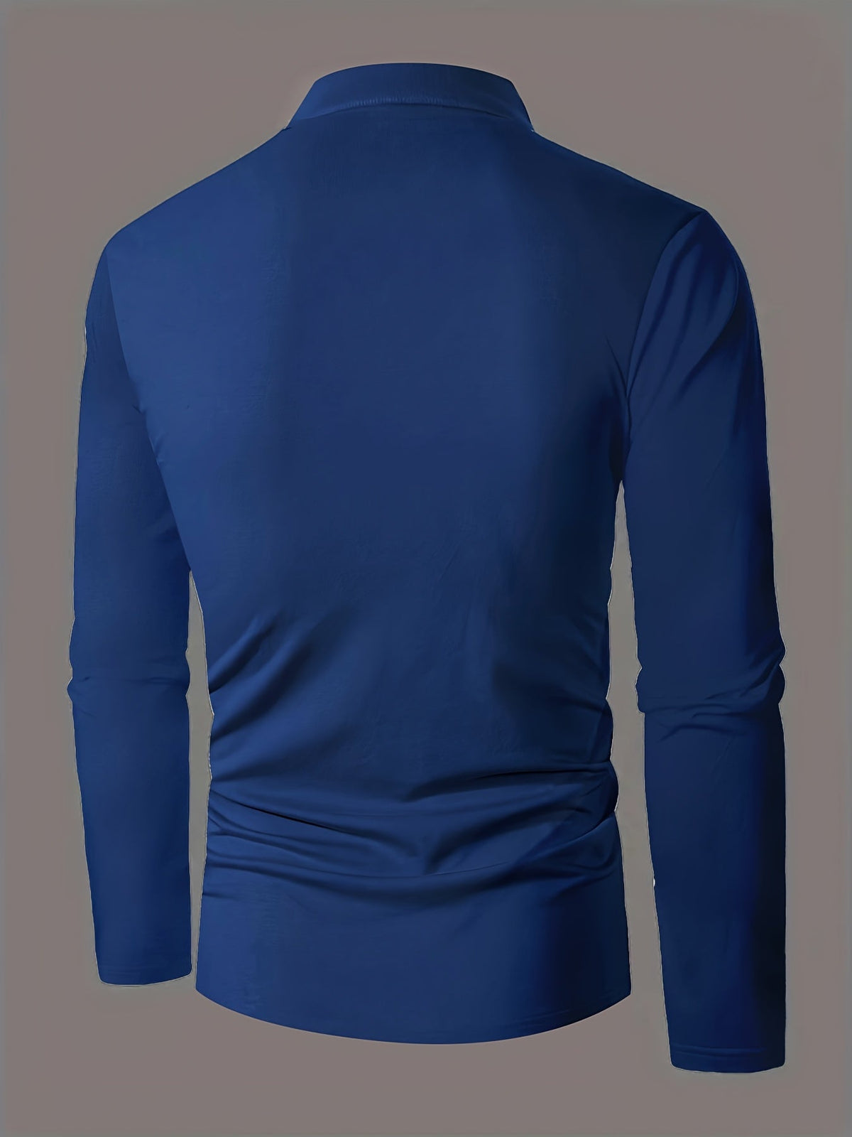 Men's refined long-sleeve button-placket henley shirt in granny gray, matcha green and navy, collar detail view 2