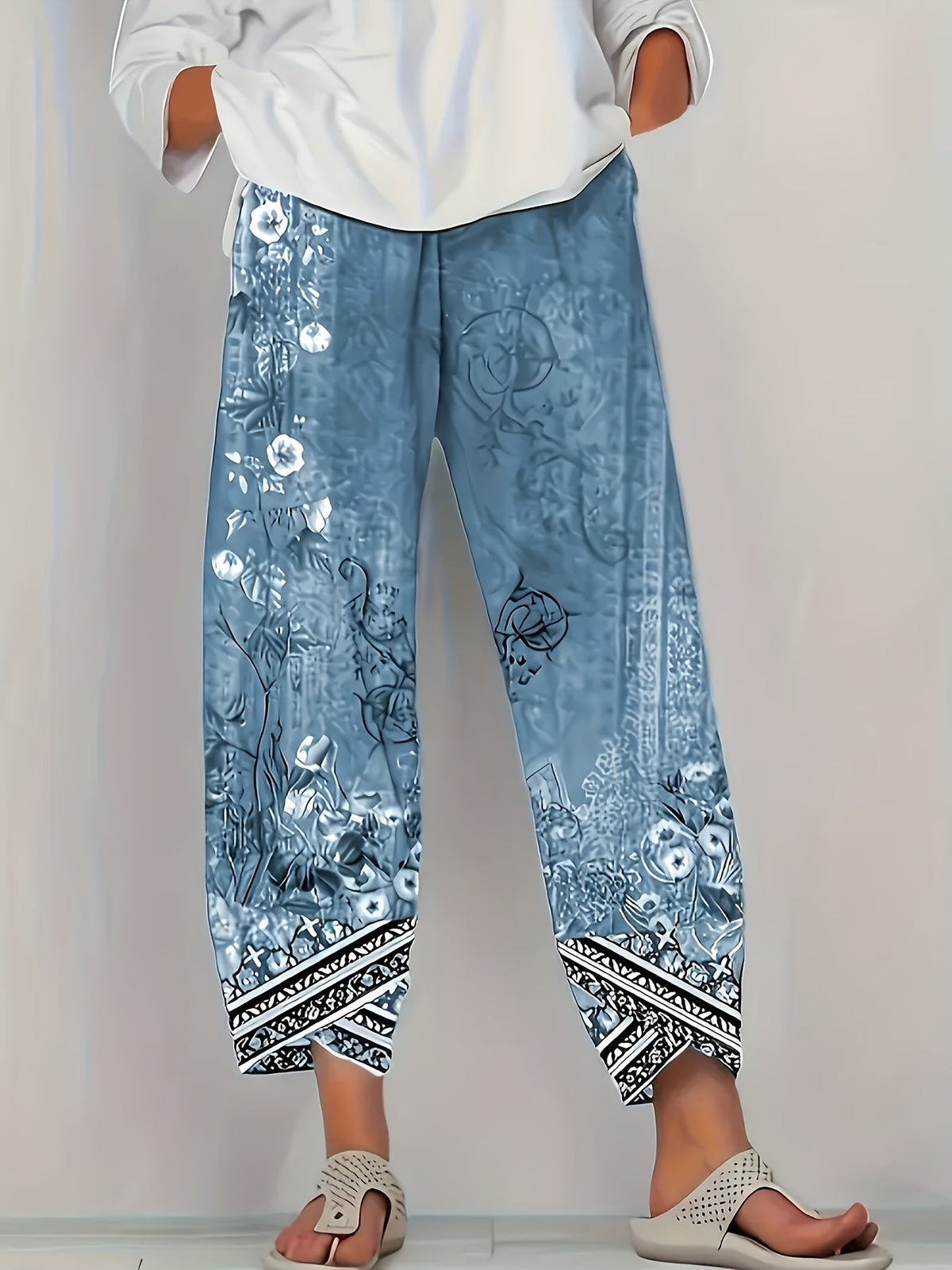 Kessoro women's botanical print elastic-waist cropped trousers in vintage plant and retro colours