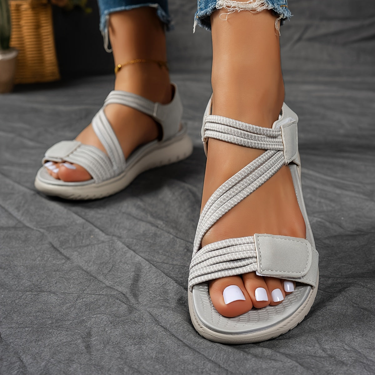 Women's adjustable strap cushioned comfort sandals in black, navy, grey, khaki, green and pink, view 15