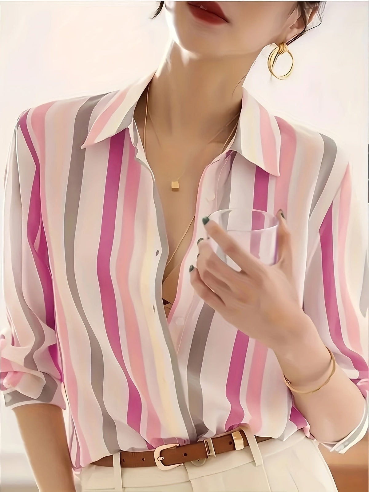 Kessoro Women's Striped Lapel Collar Button-Up Blouse in blue, sky blue, tangerine and other colourways — flat lay product shot