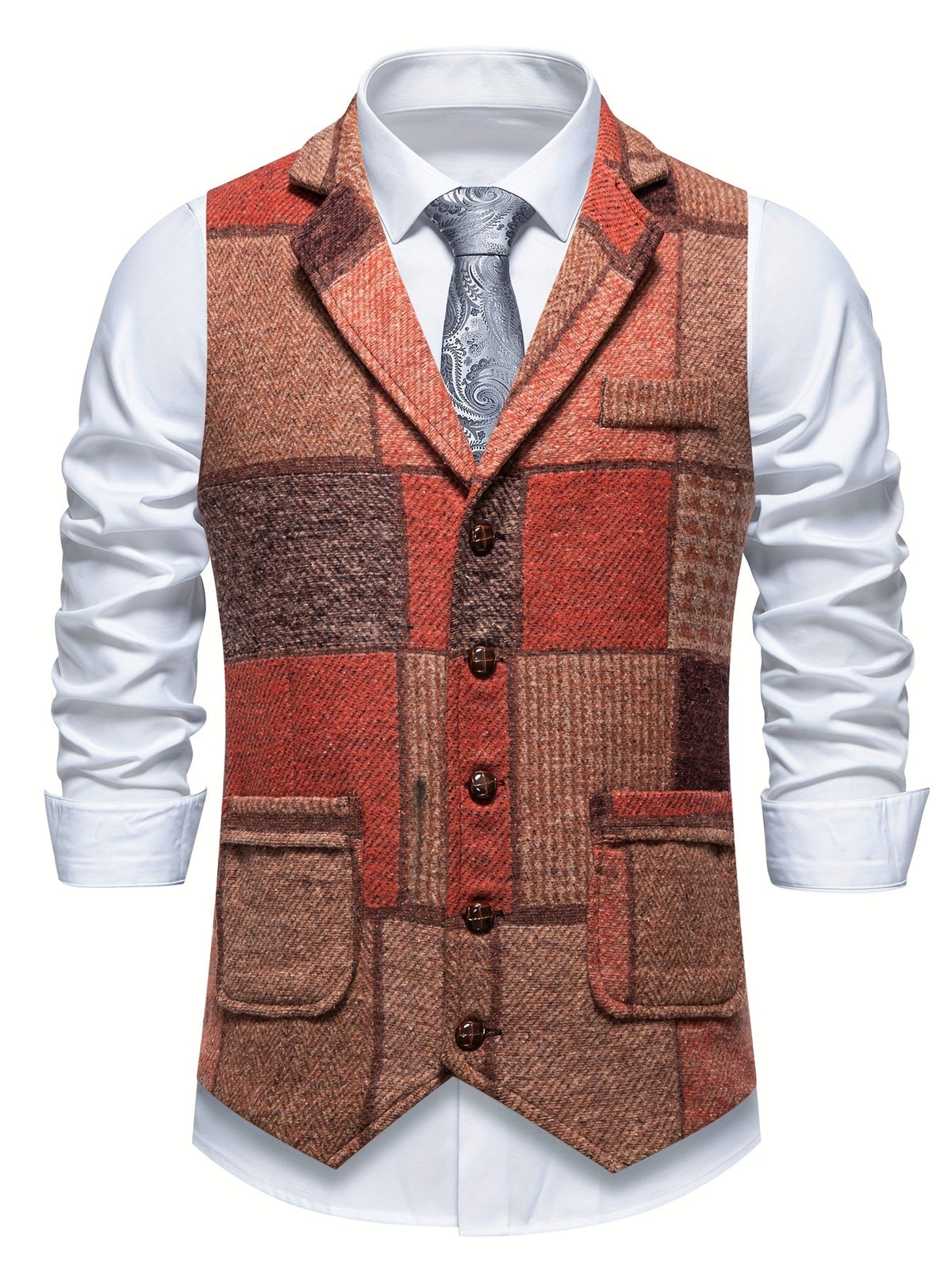 Kessoro men's herringbone patchwork tailored waistcoat in red, gray, blue, green and orange colorways - men's suiting