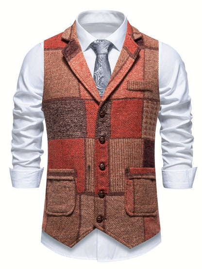 Kessoro Men's Patchwork Notch Lapel Tailored Waistcoat in grey, wine red, blue, navy and orange - men's apparel, view 27 of 31